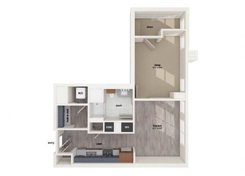 Floor plan for 1 bed, 1 bath, 742 sqft